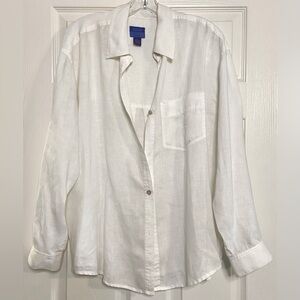 Sigrid Olsen So Blue 100% Linen Long Sleeve Shirt Womens Blouse Top Sz L White